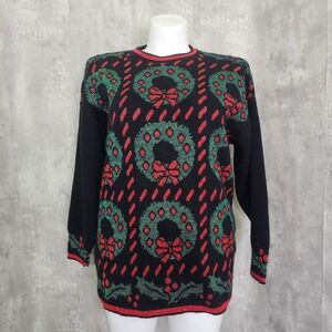 Holiday Time Vintage Christmas Wreath Metallic Knit Sweater Black Red Green M